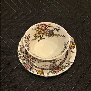 Flat cup and 5.75” Saucer, Medway Decor Dark Brown by Alfred Meakin England 1930